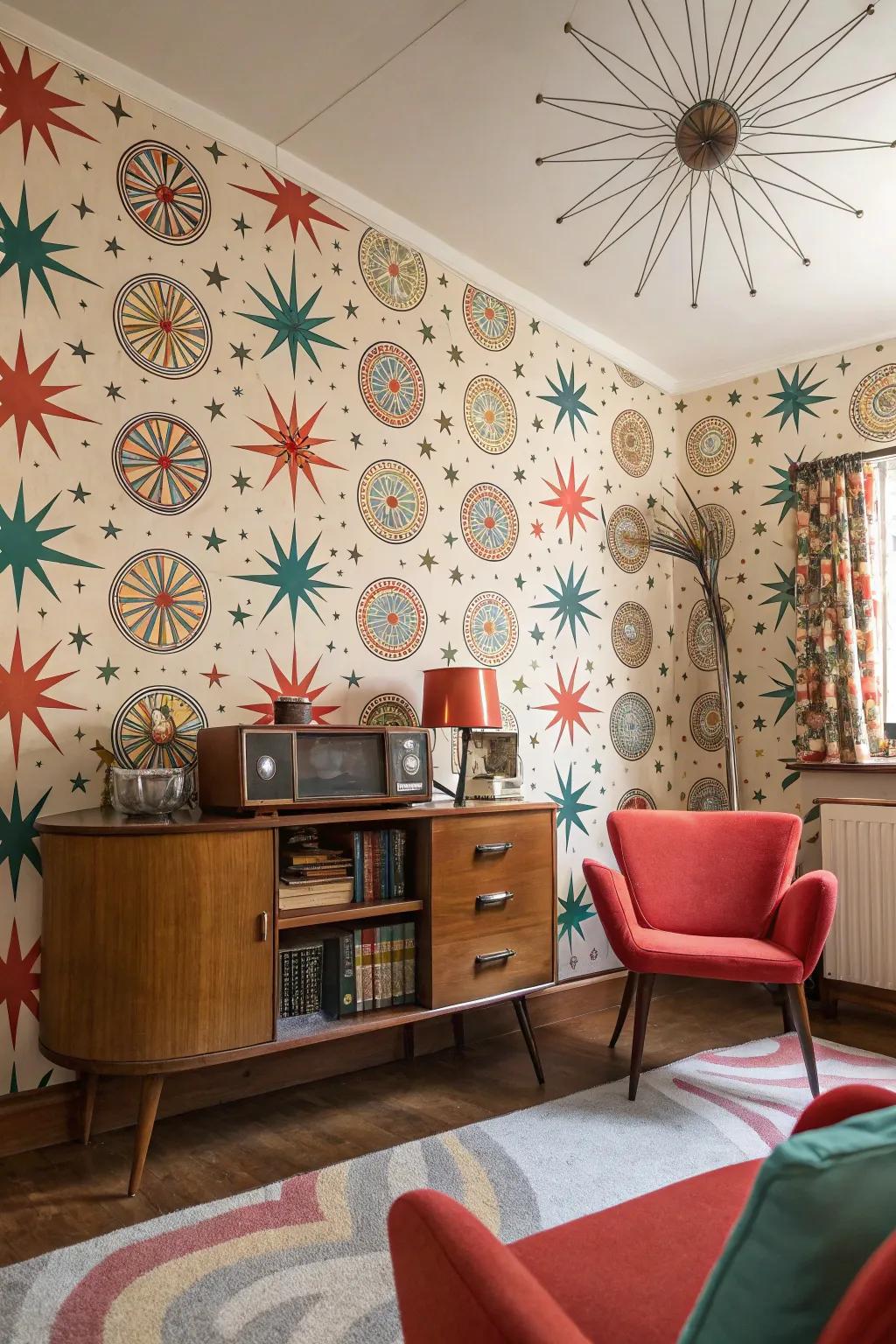 A room featuring wallpaper with retro atomic designs.