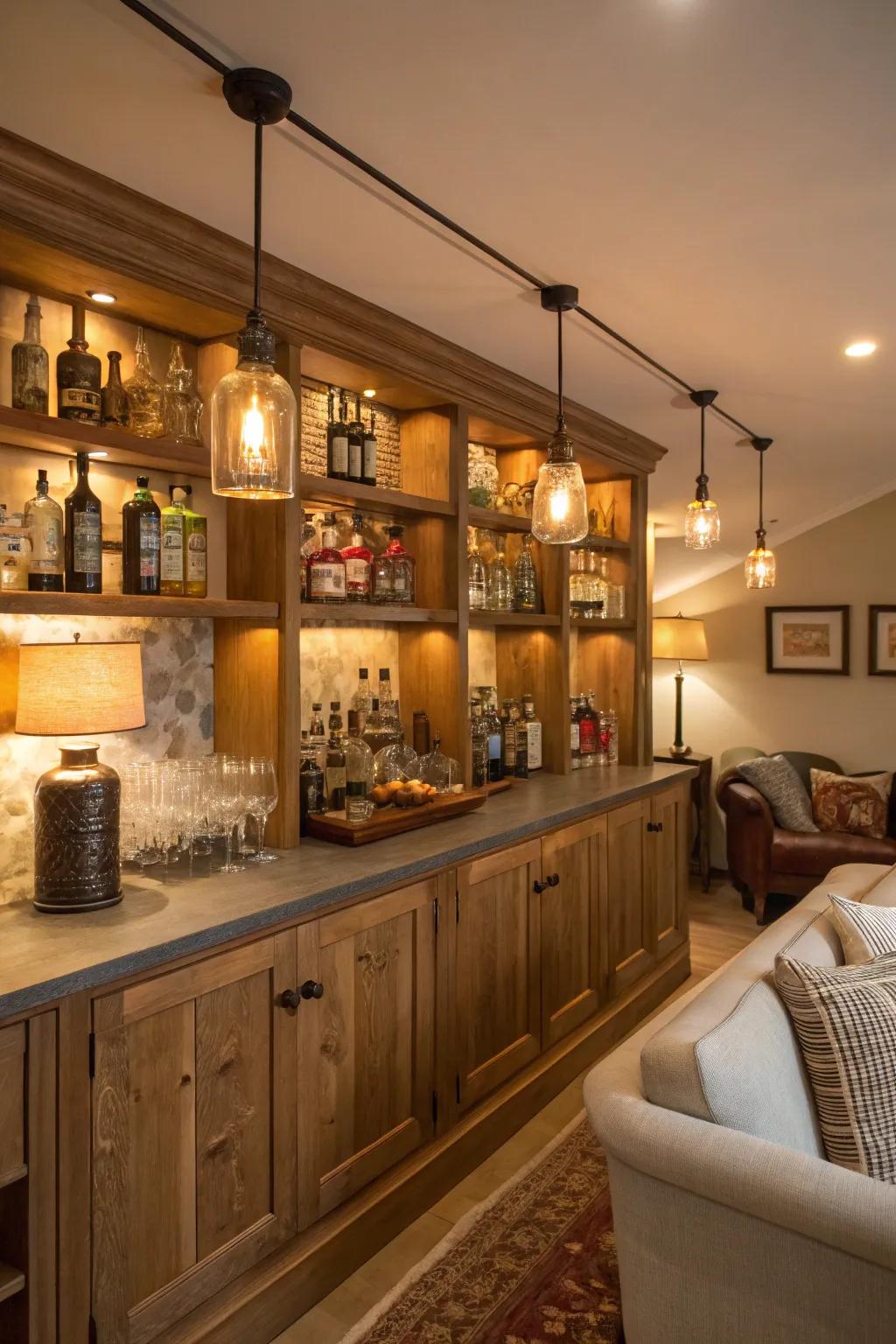 Atmospheric lighting enriches the allure and warmth of a home bar environment.