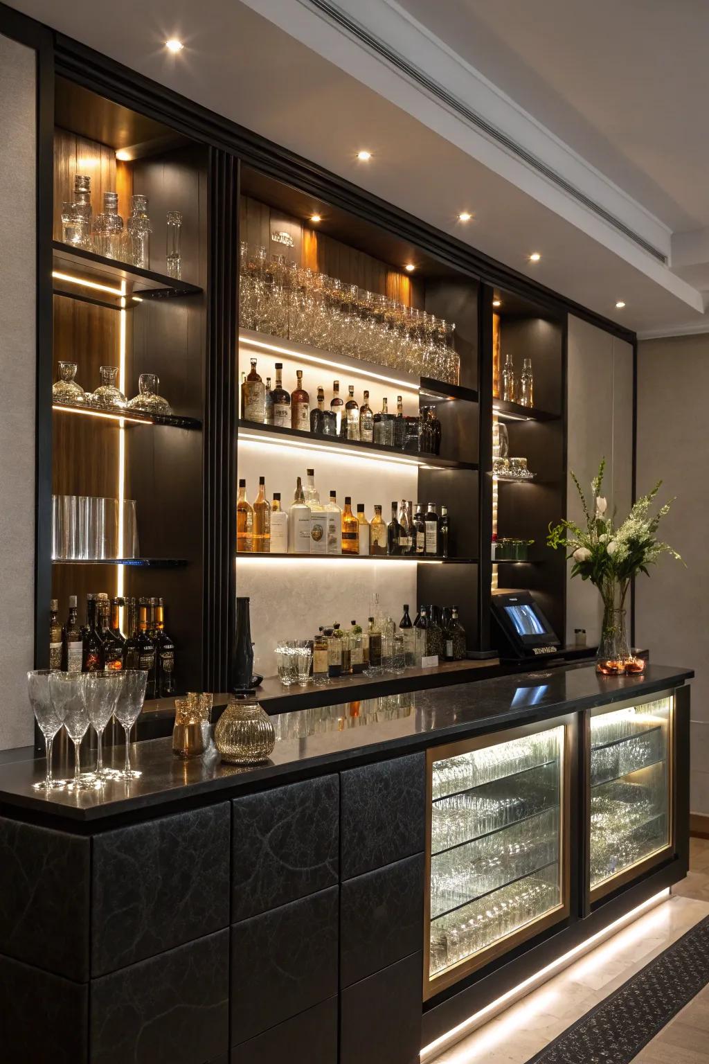 Spotlights draw attention to key elements of the home bar.