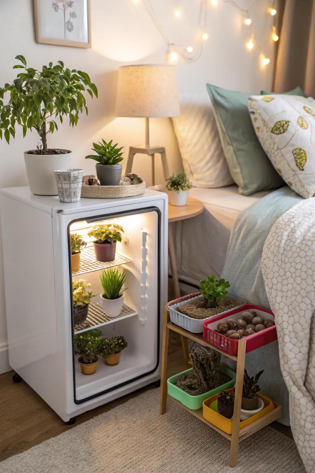 A miniature refrigerator adorned with ornamental features within a bedroom.