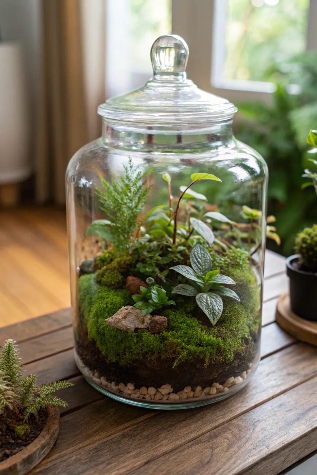 An enthralling glass garden showcasing verdant foliage and moss.