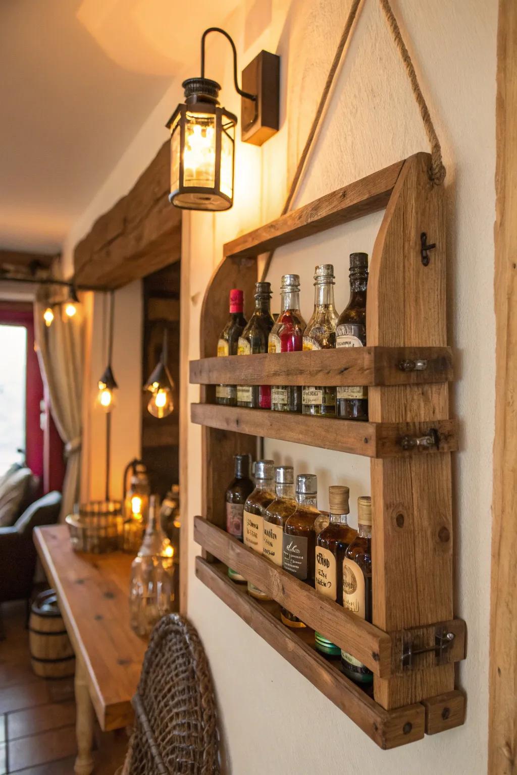 A rustic wooden rack providing an appealing home for mini liquor bottles.