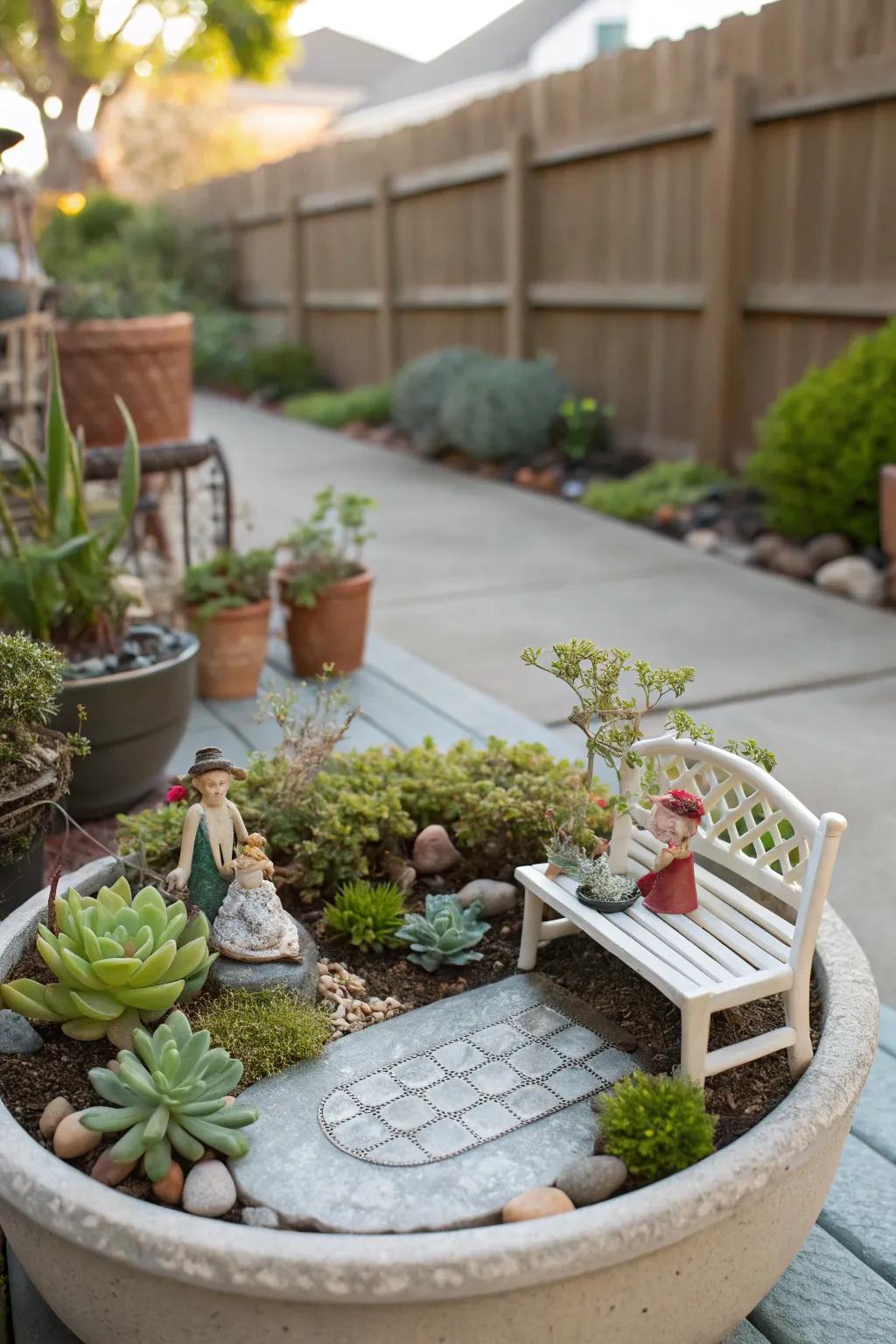A whimsical fairy garden nestled among succulents.