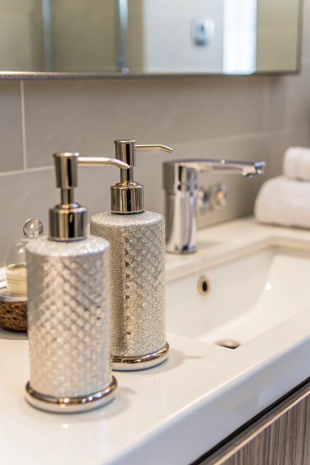 Matching soap dispensers add a touch of elegance to the bathroom decor.