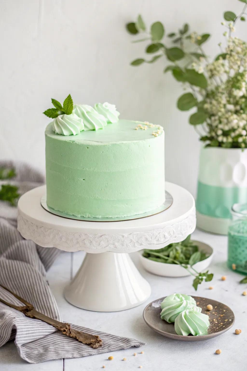 A minimalist chartreuse cake finished with sleek buttercream.