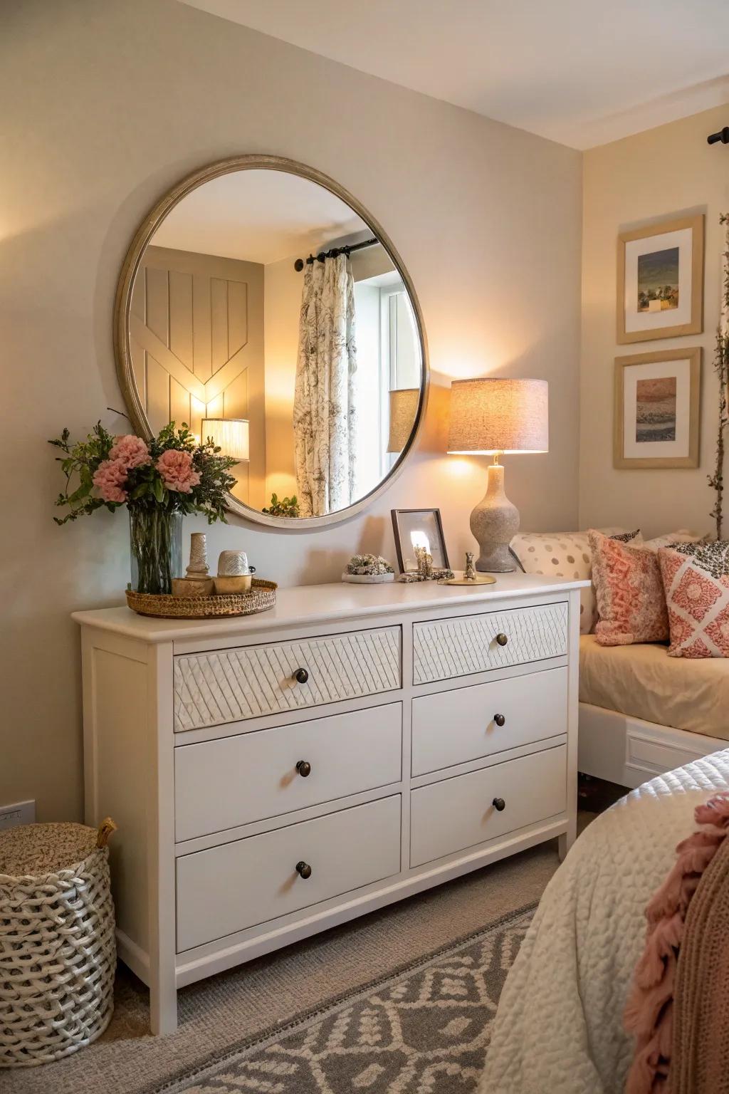 Curved mirrors soften hard lines and add a comforting vibe.