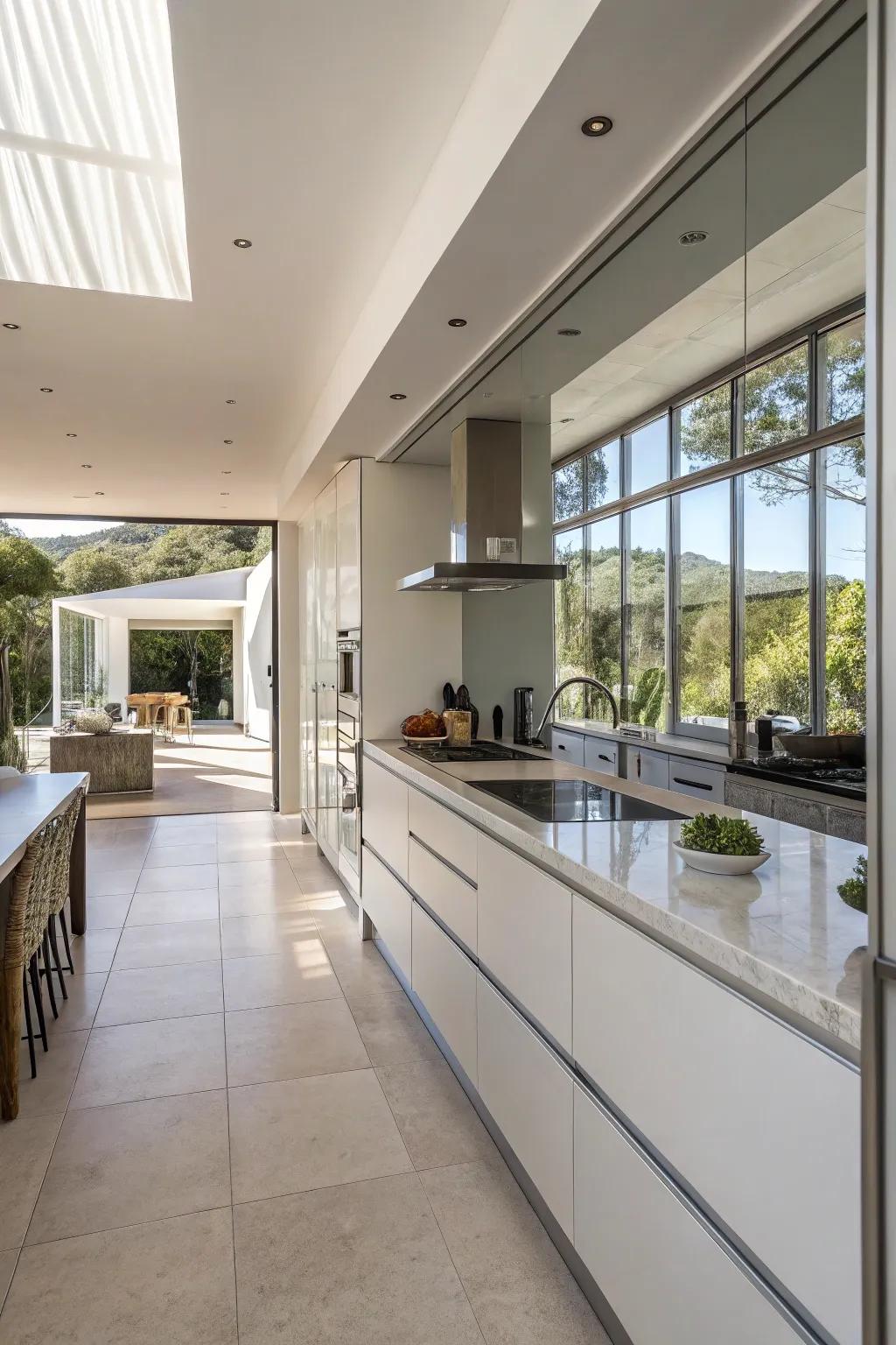 A full mirrored wall that turns a small kitchen into a more expansive area.