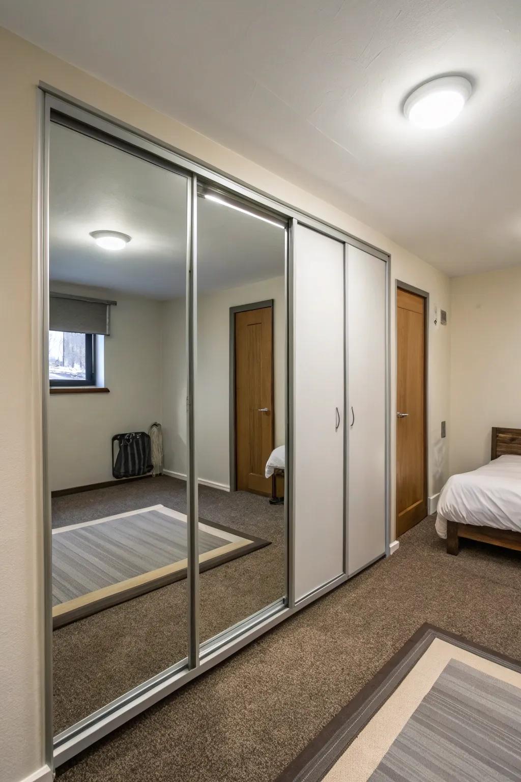 Sliding mirrored doors present space-efficient alternatives.