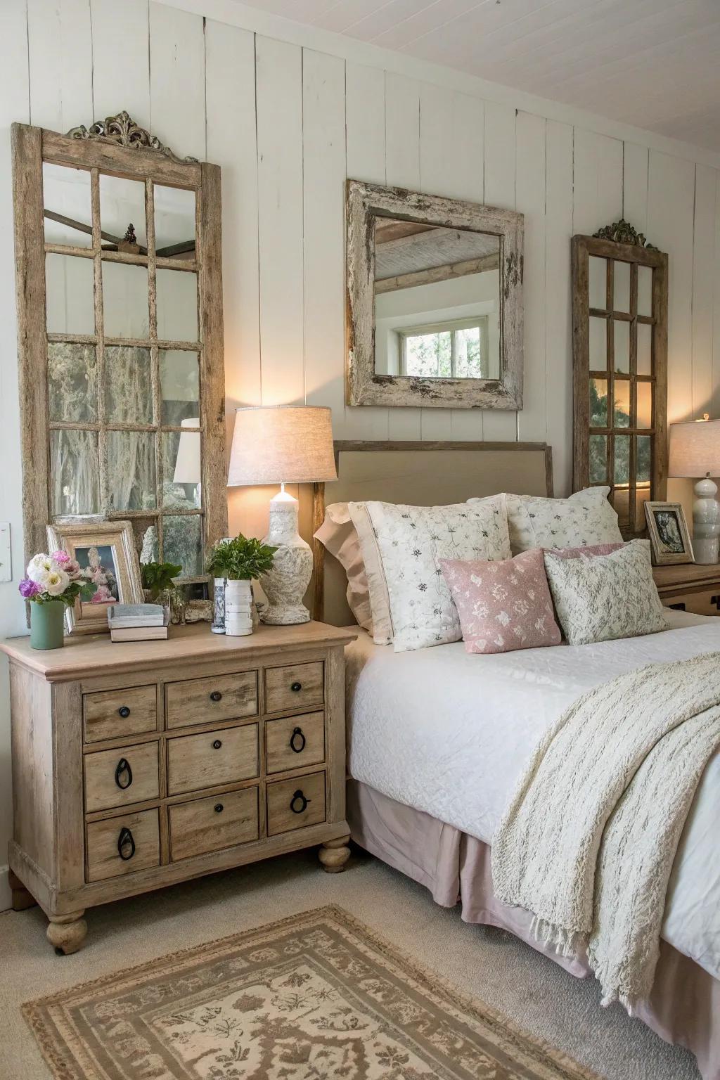 Weathered mirrors infuse the bedroom with rustic appeal and inviting warmth.