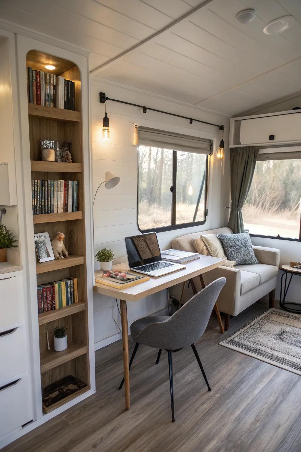 A stylish home office with a desk and display unit, offering a dedicated workspace in a mobile home.