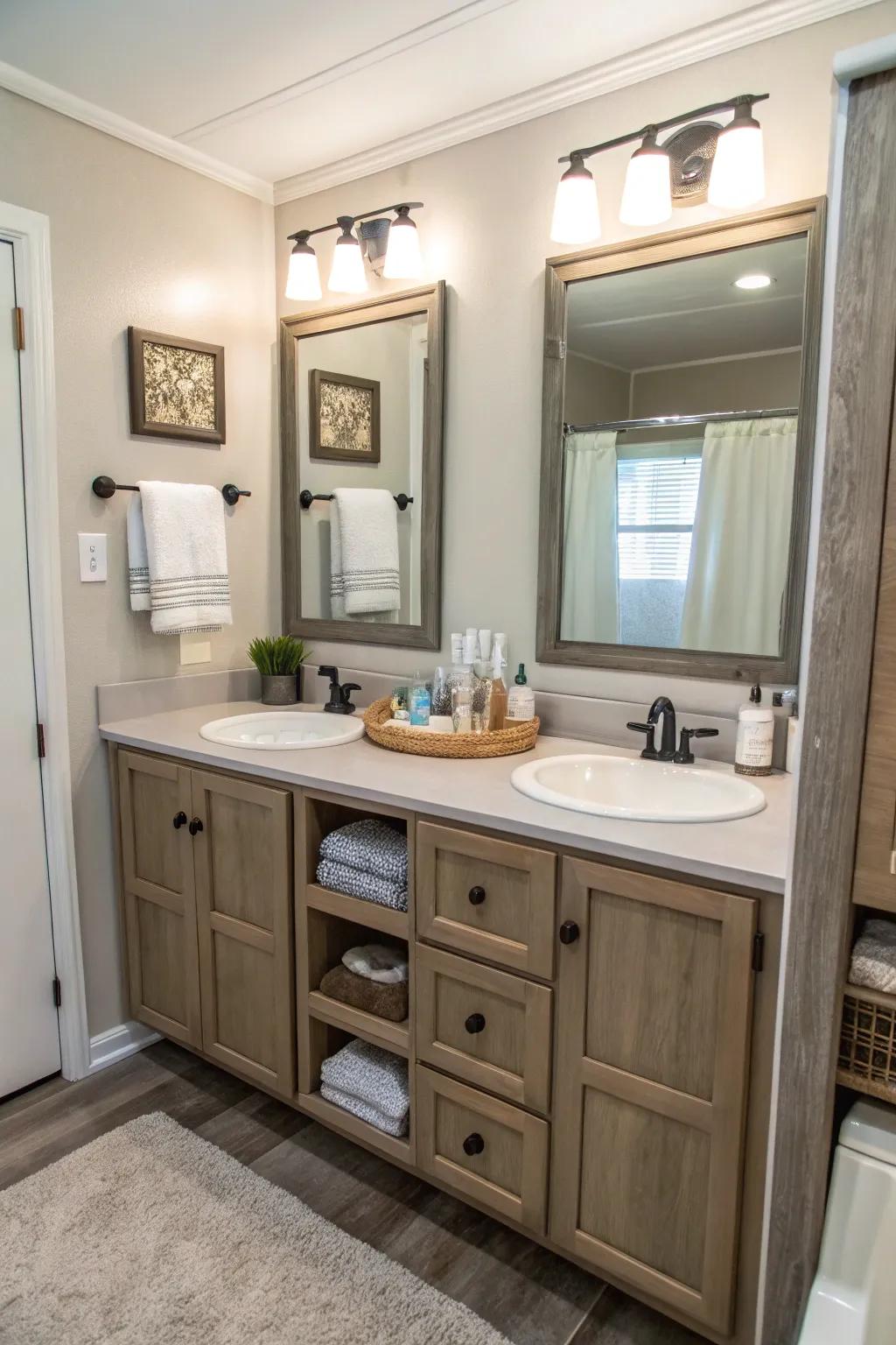 This stylish double shelf provides both utility and elegance.