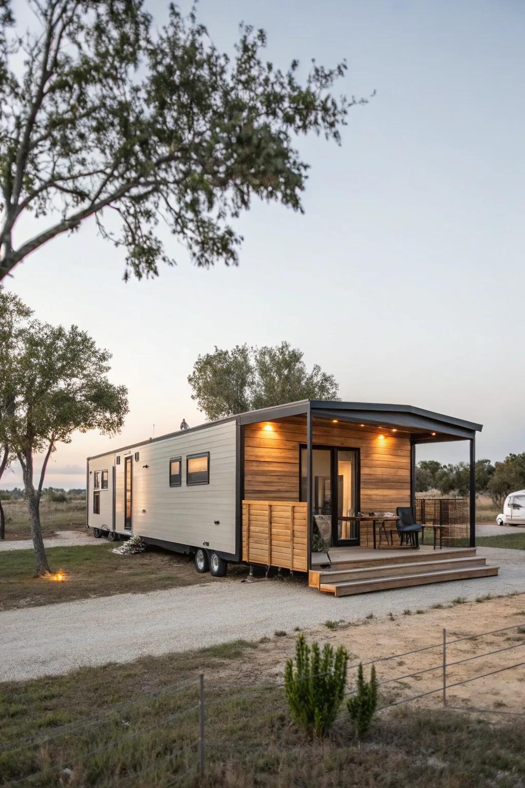 Overlapping panel skirting provides a sleek and modern touch to any mobile home.