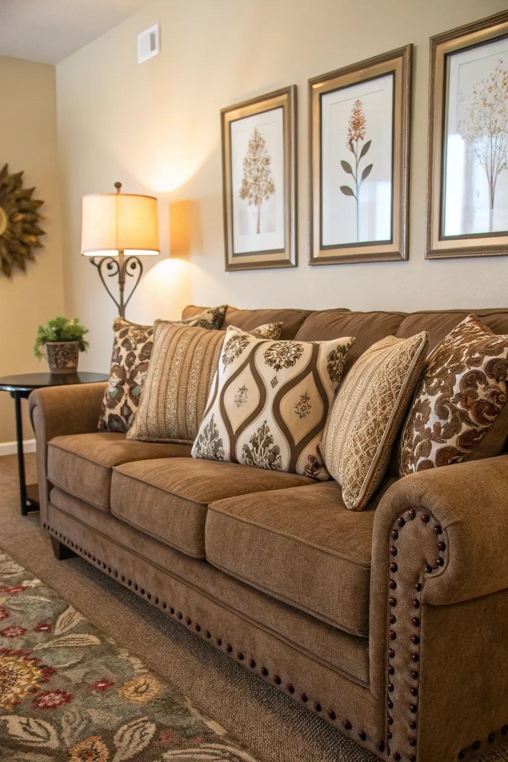 The decorative additions bring character to the chocolate-brown sofa area.