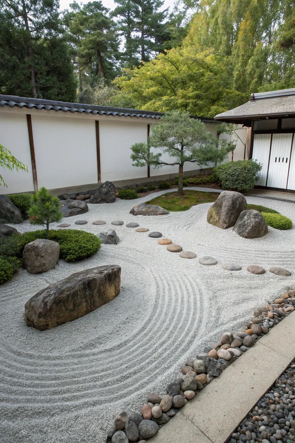 A tranquil Zen rock garden featuring carefully positioned gravel.