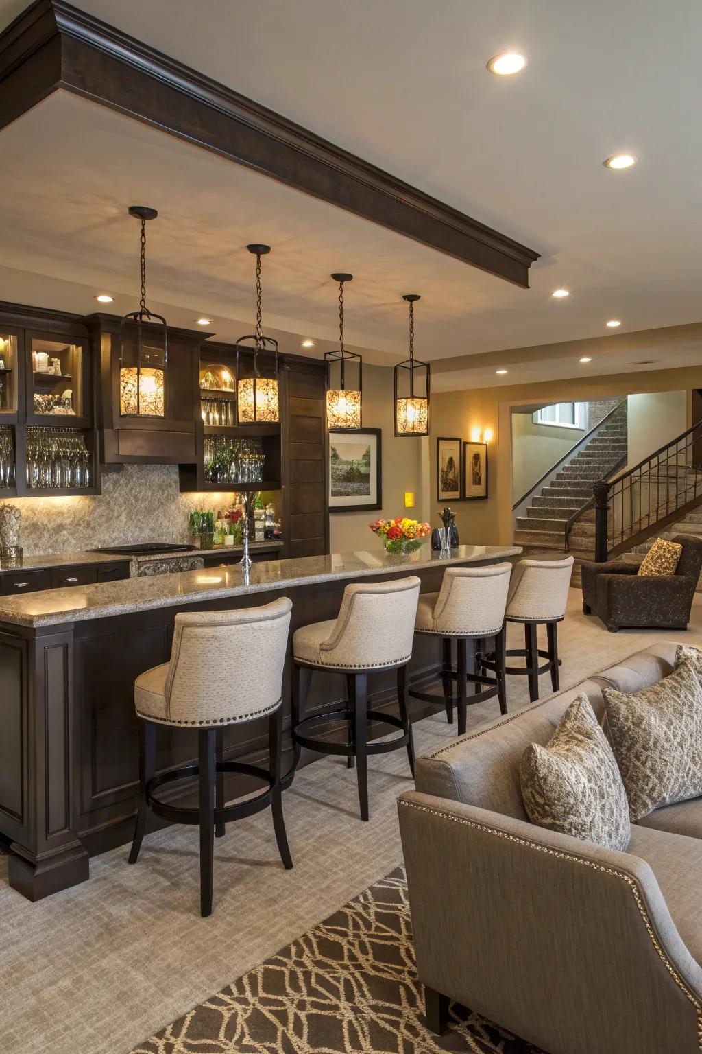 Comfortable and fashionable bar seating completes this contemporary bar.