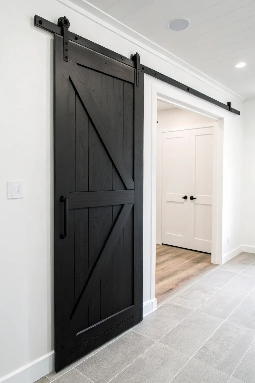 Monochrome barn doors enhance minimalist decor through their streamlined design.