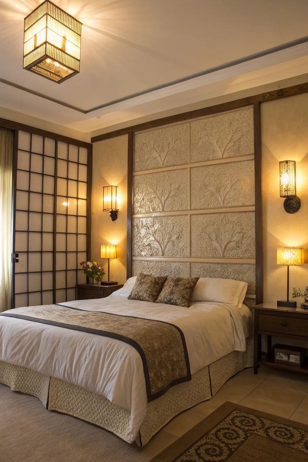 Strategic lighting can spotlight your bed wall and establish a soothing atmosphere.