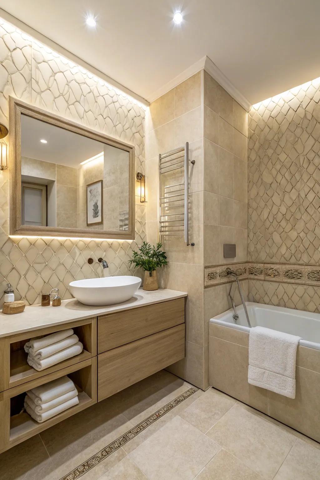 Structured tiles add dimension to a beige bathroom.