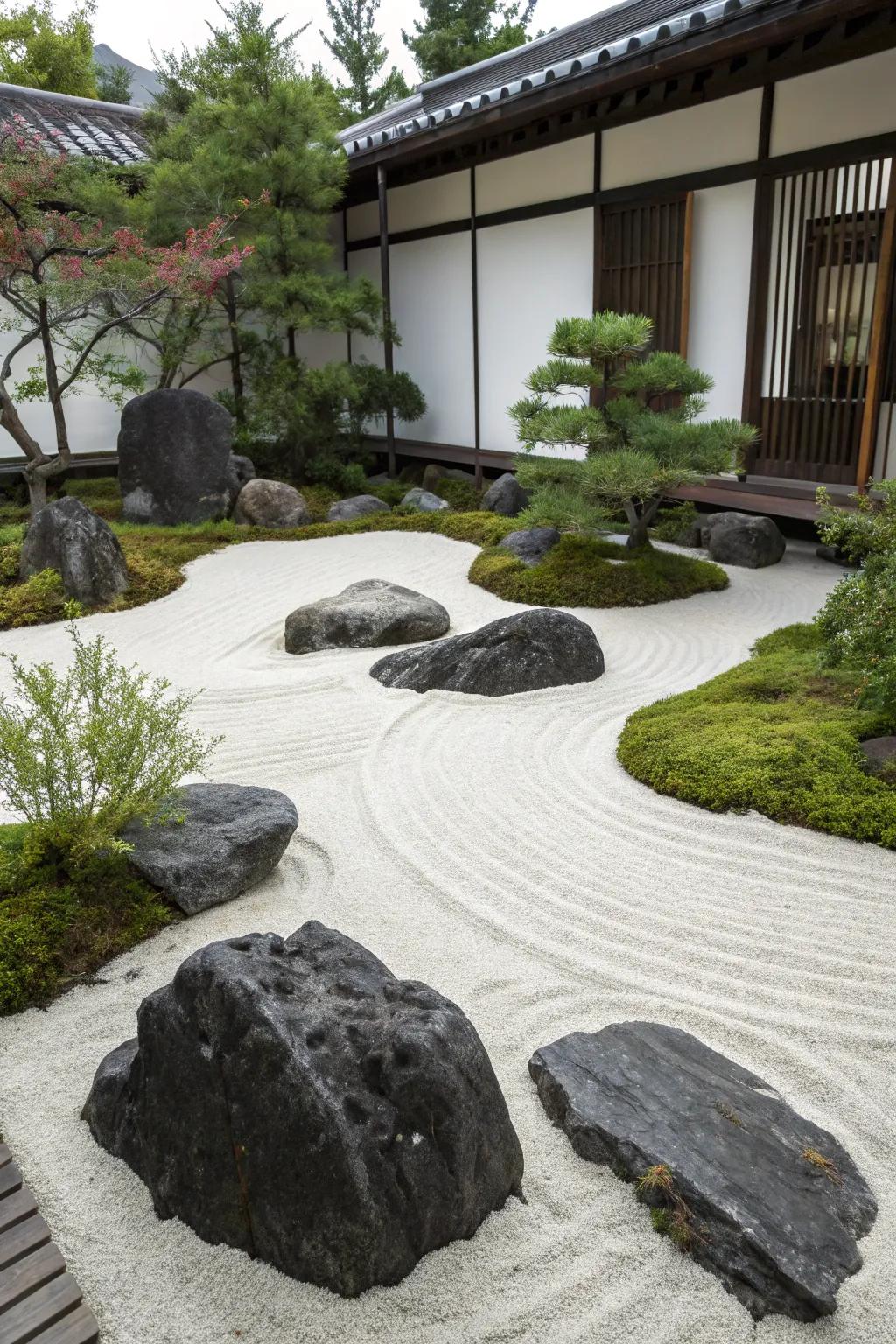 A peaceful tranquil garden featuring dark stones and sand.