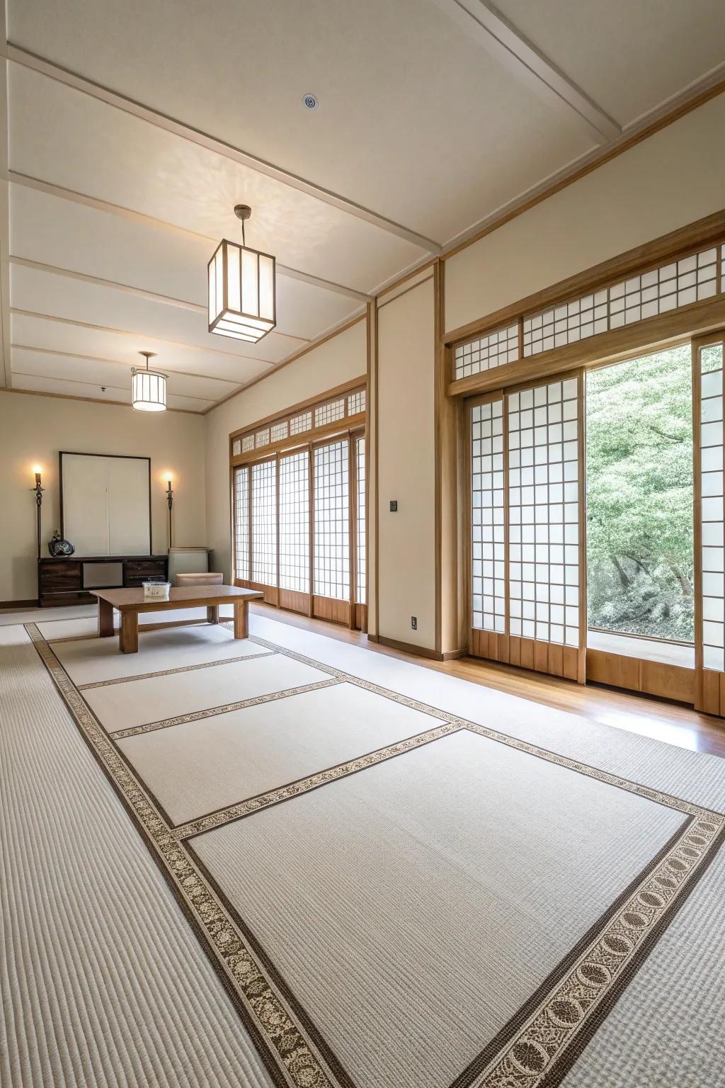 Minimalist room featuring a simple carpet design, highlighting clean lines.