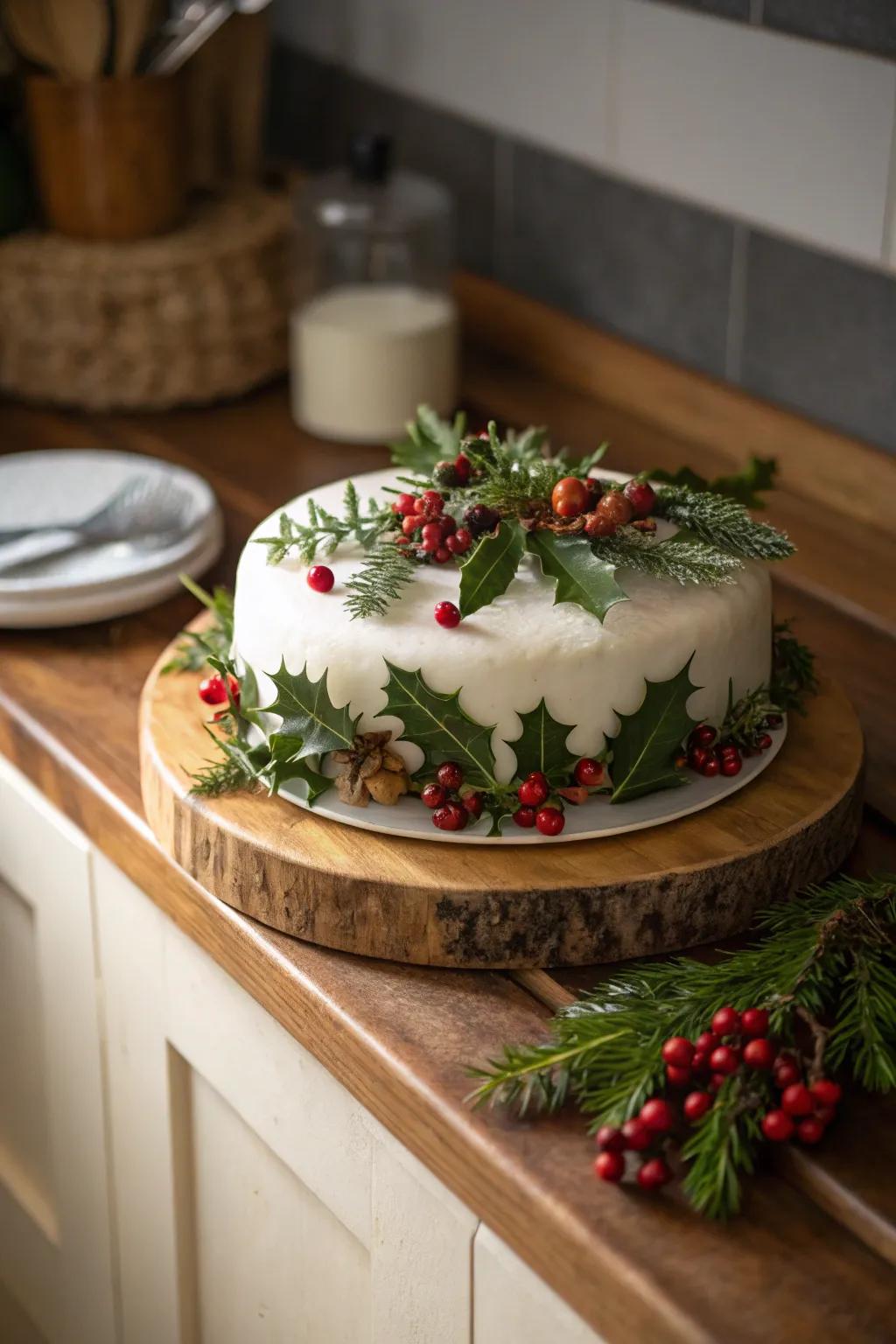 Christmas cake featuring rustic holly and greenery