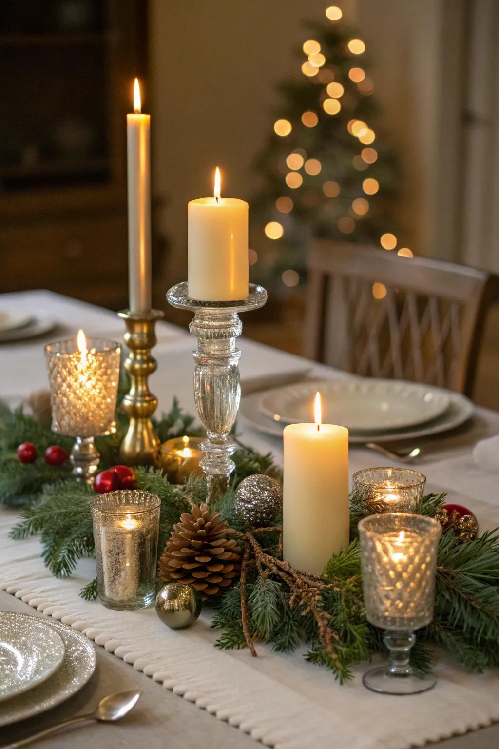 A festive table centerpiece aglow with wax lights of differing heights.