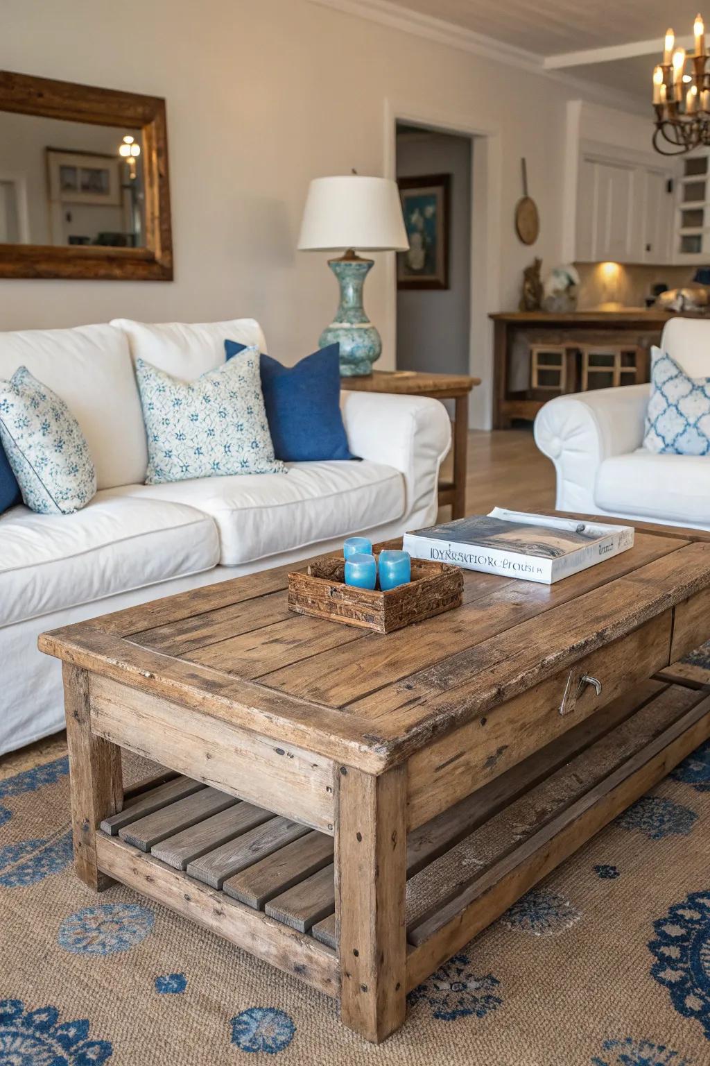 Weathered wood adds rustic appeal to coastal spaces.