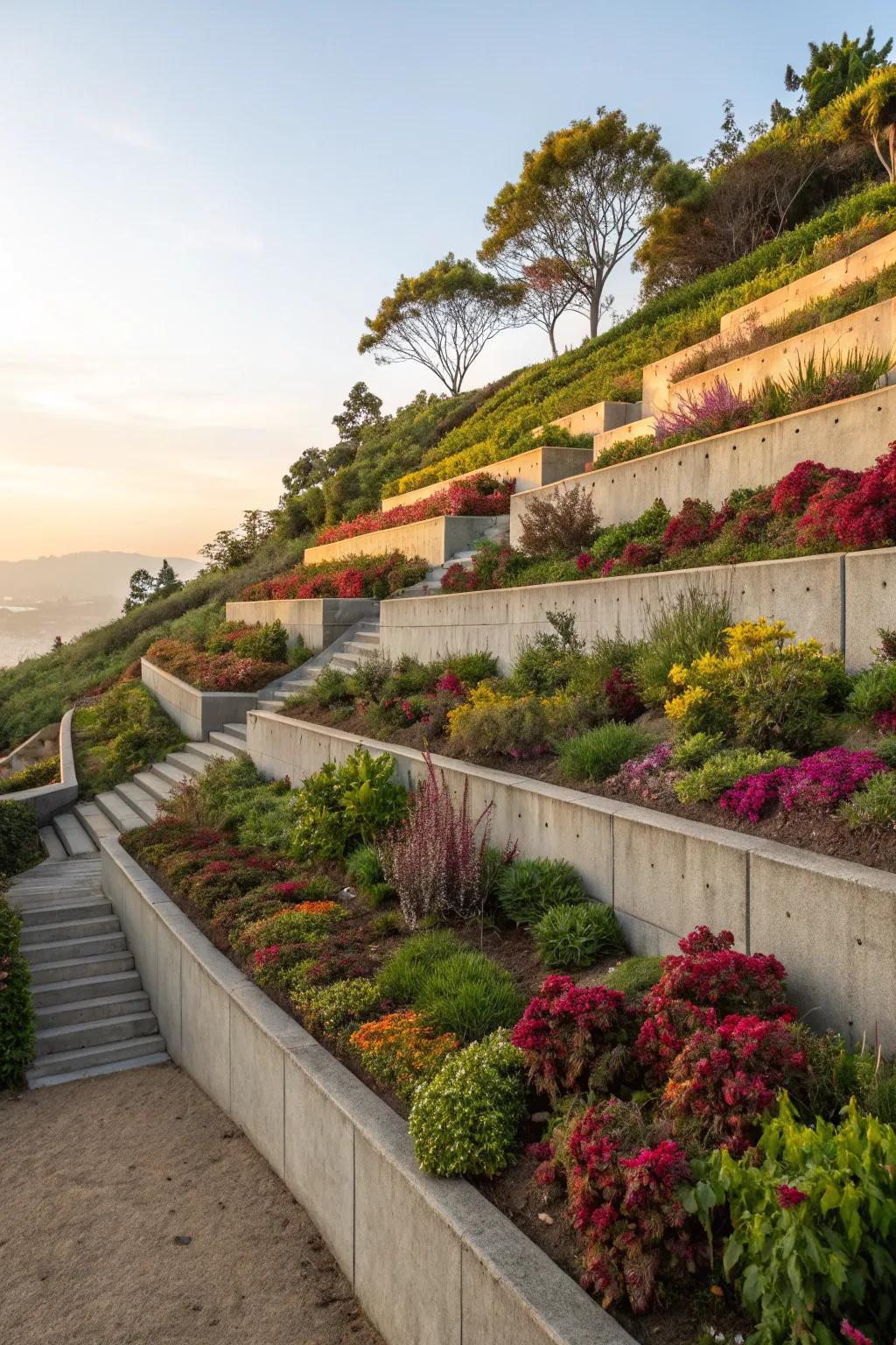 Terraced garden featuring concrete walls, optimizing space for planting.