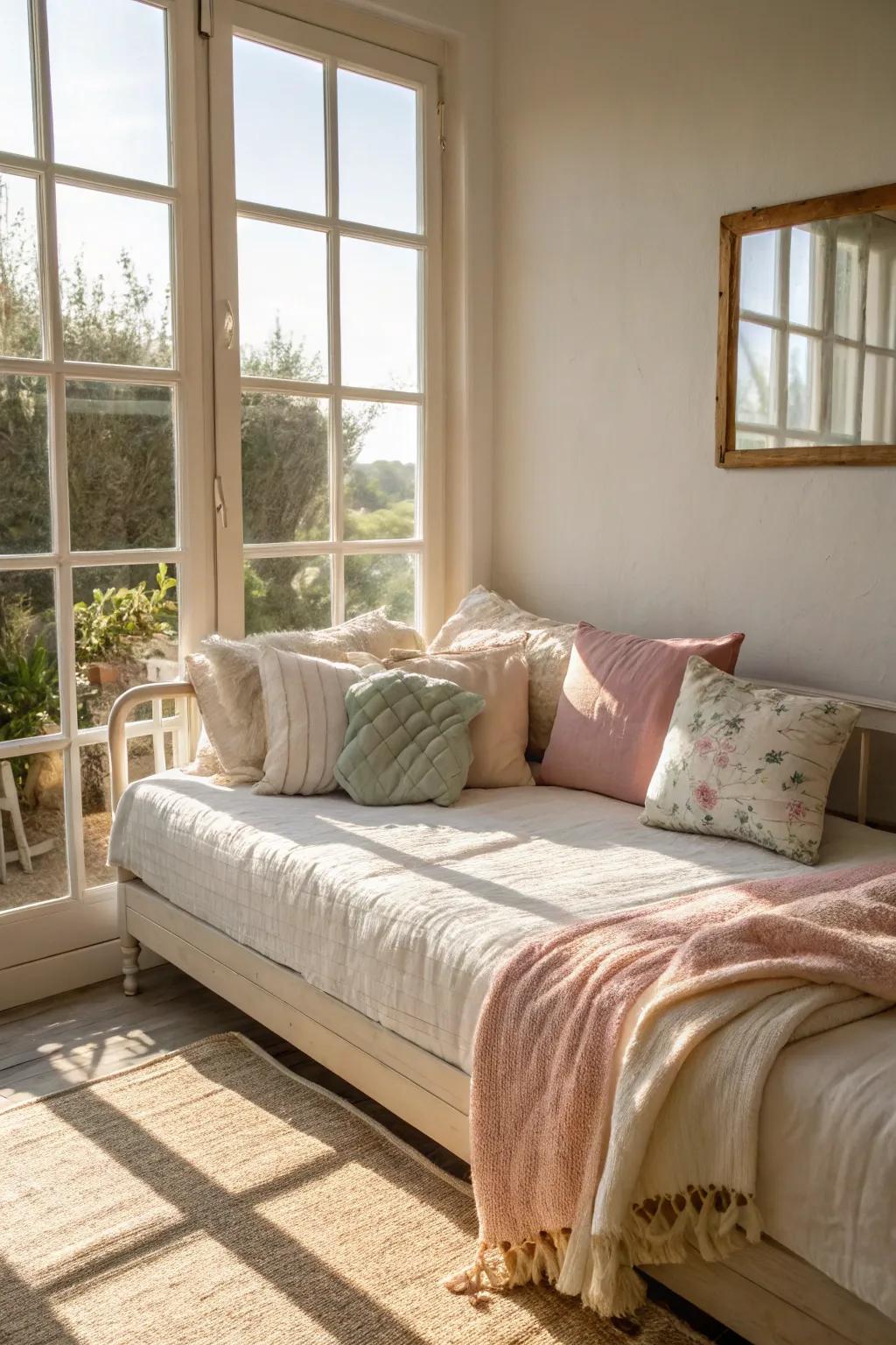 A daybed situated to maximize sunlight, amplifying the room's airy ambiance.