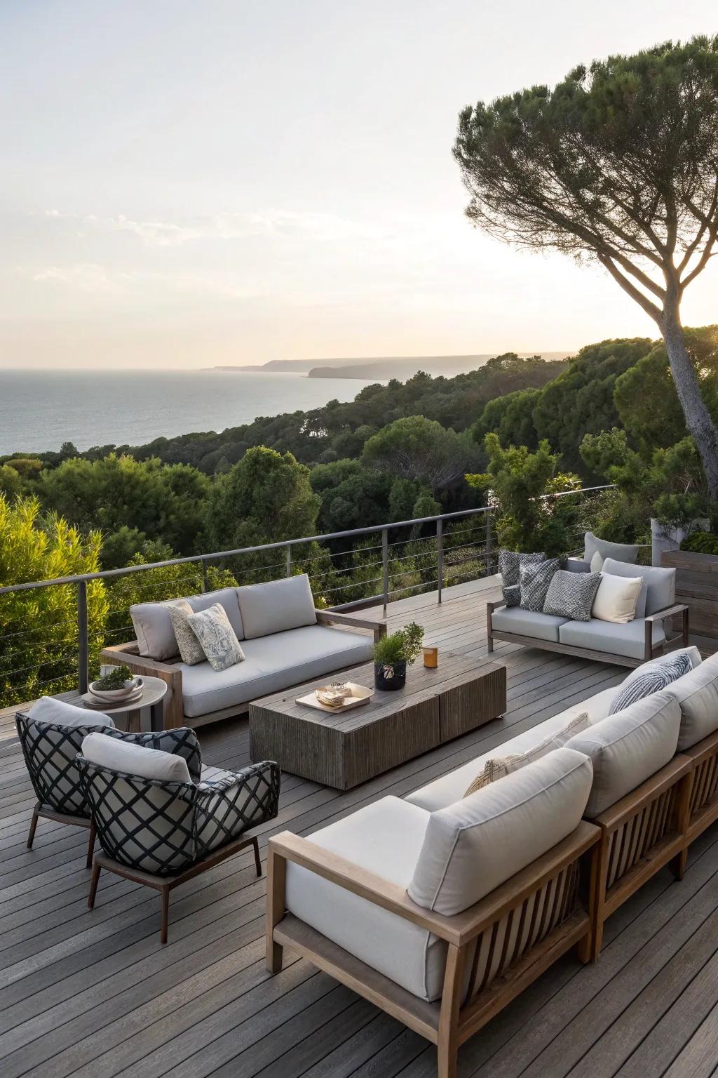 A deck created as a cozy outdoor living space.