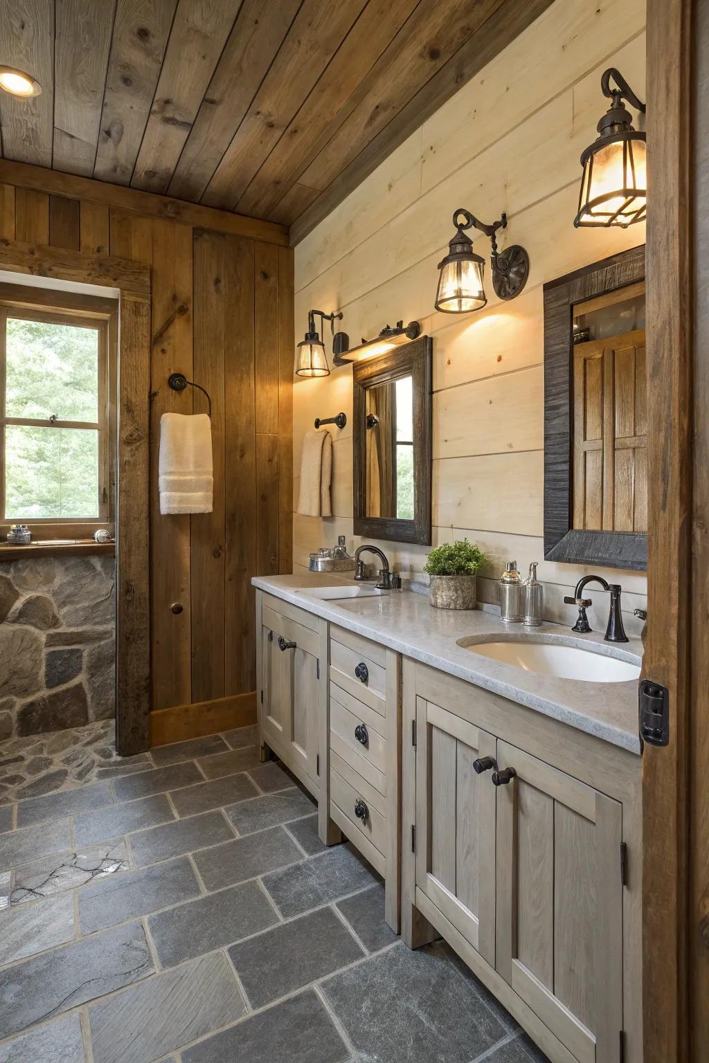 Factory-style sconces add vintage charm to this modern bathroom.