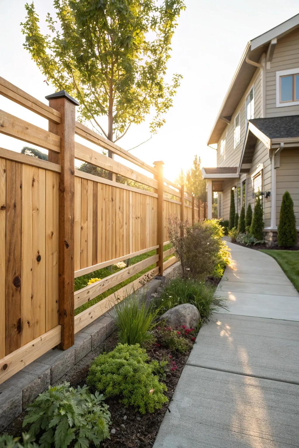 Raw timber tones infuse rustic warmth and distinctive character into this farmhouse fence.