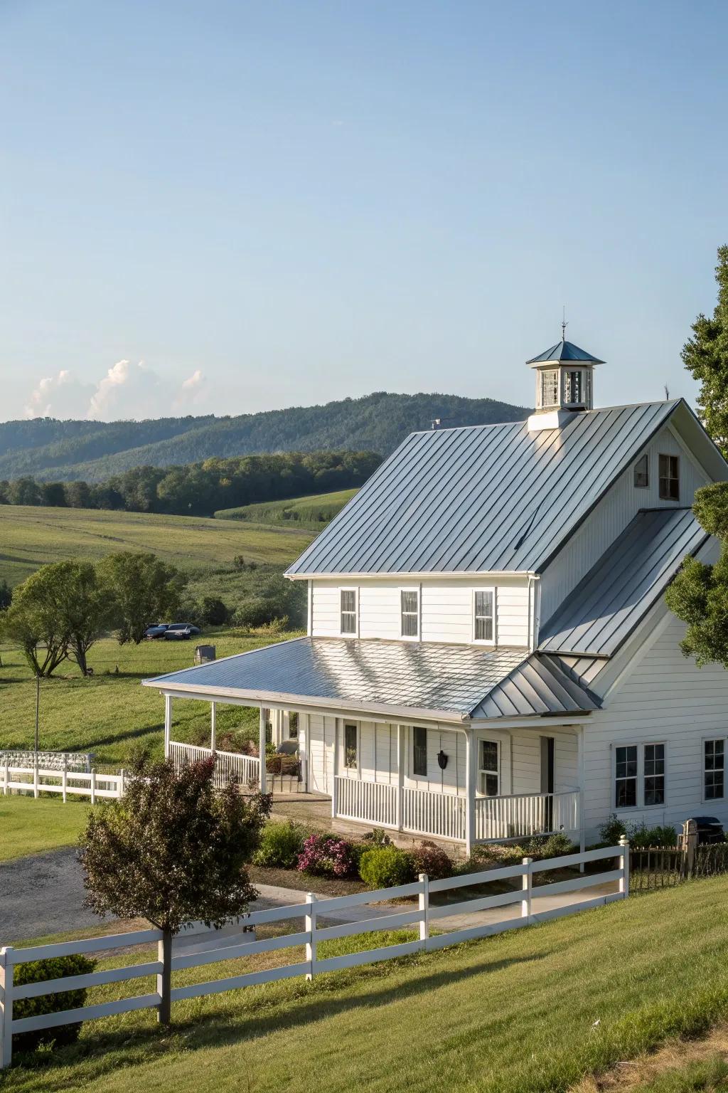 Understated sophistication: A farmhouse featuring a seamed metal roof.