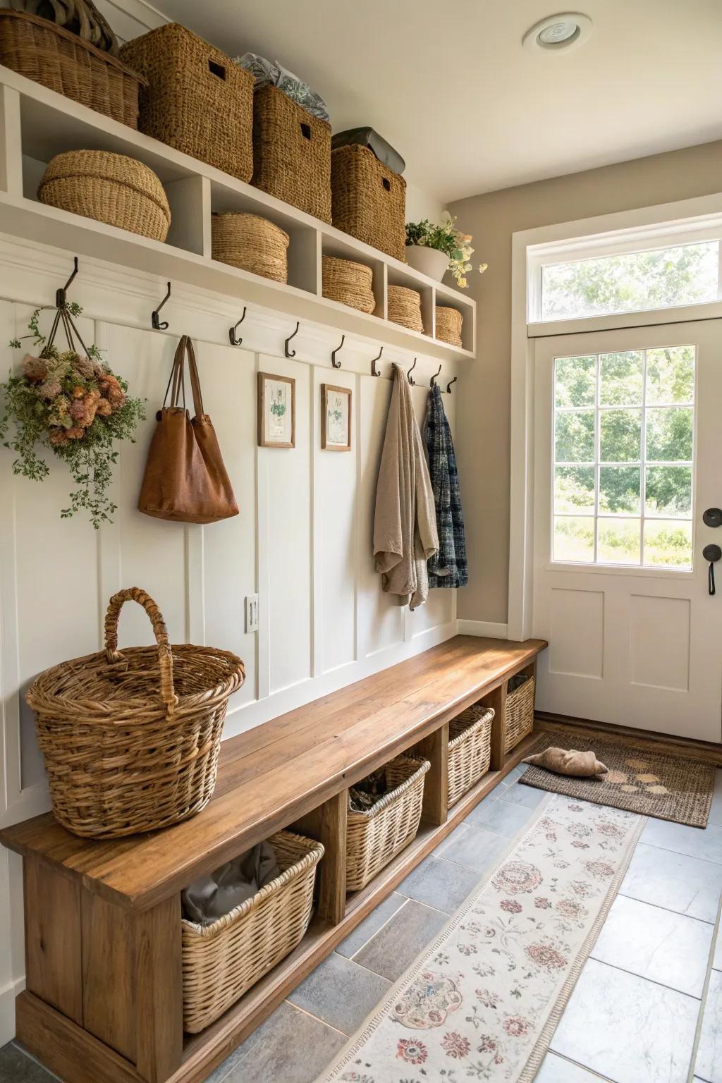 Stylish mudroom with wicker baskets for added texture.