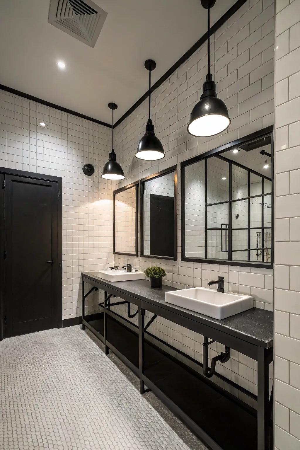 Industrial dark lighting fixtures in a modern farmhouse powder room.