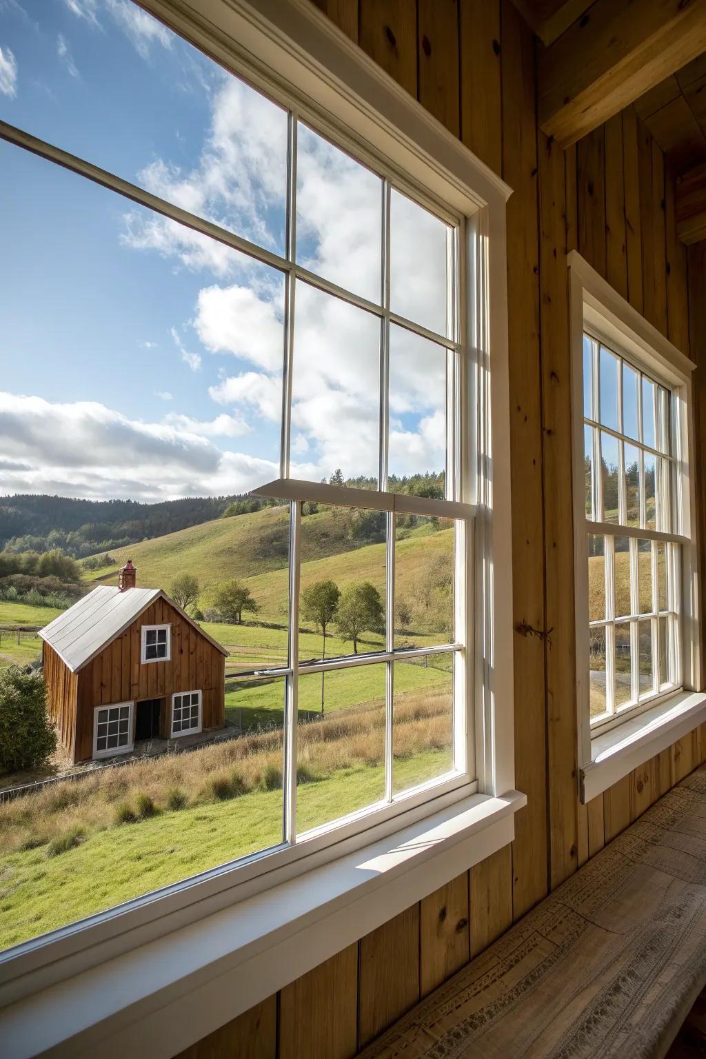Extensive borders emphasizing the window view in a farmhouse design.