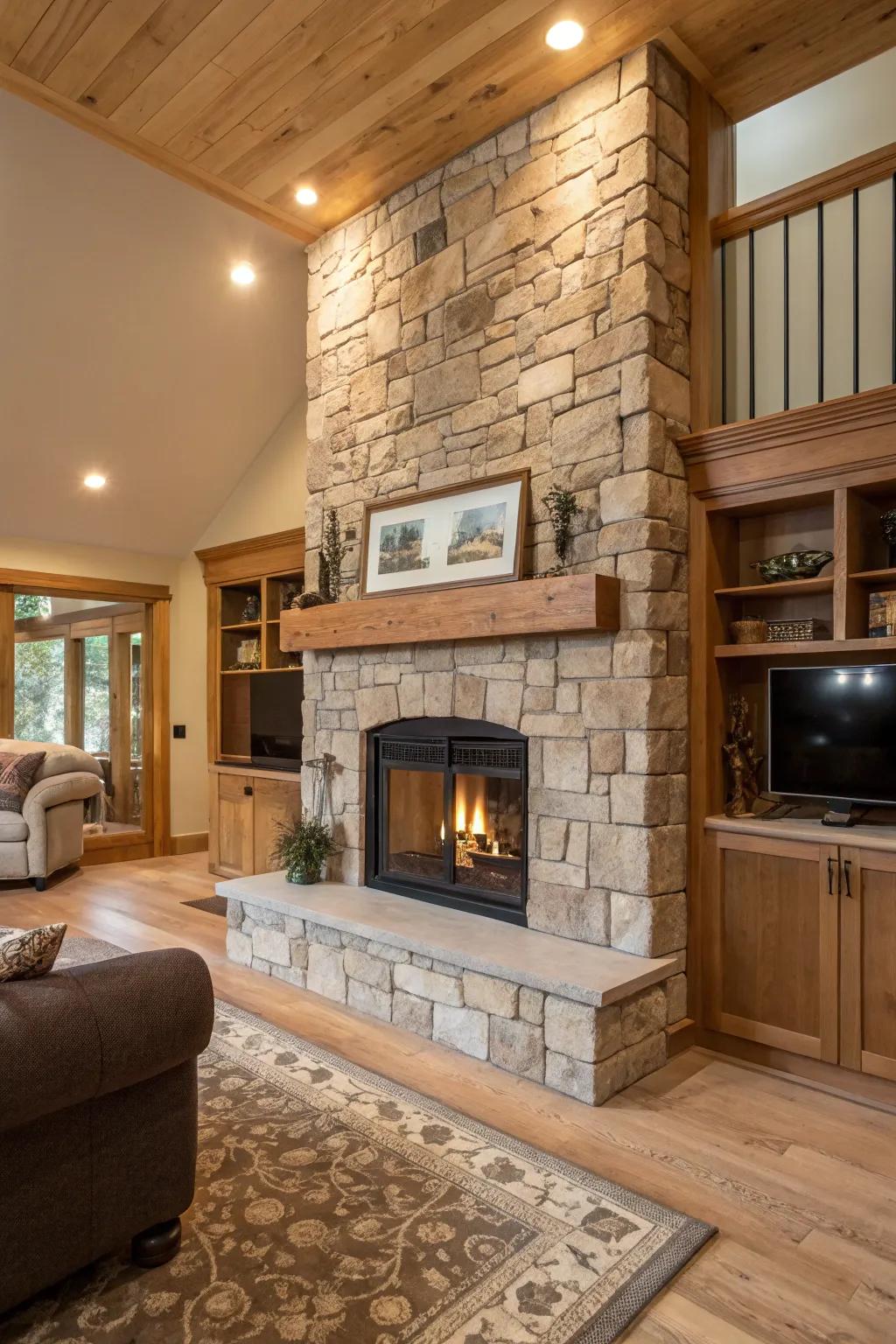 A contemporary fireplace enclosed by real stone, adding coziness and texture.