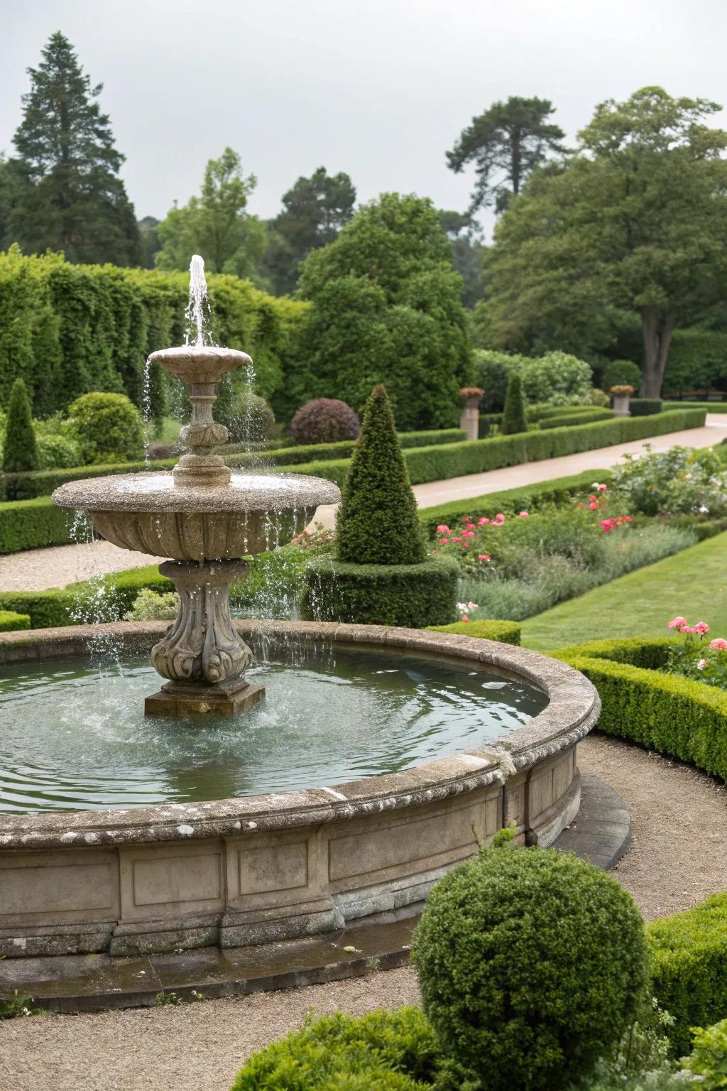 Water features enhance the elegance and tranquility of formal gardens.
