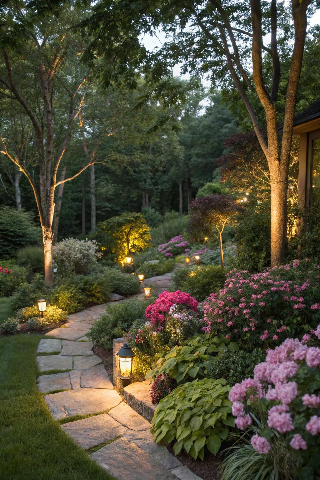 Integrated lighting engenders an enchanting and inviting garden ambiance.