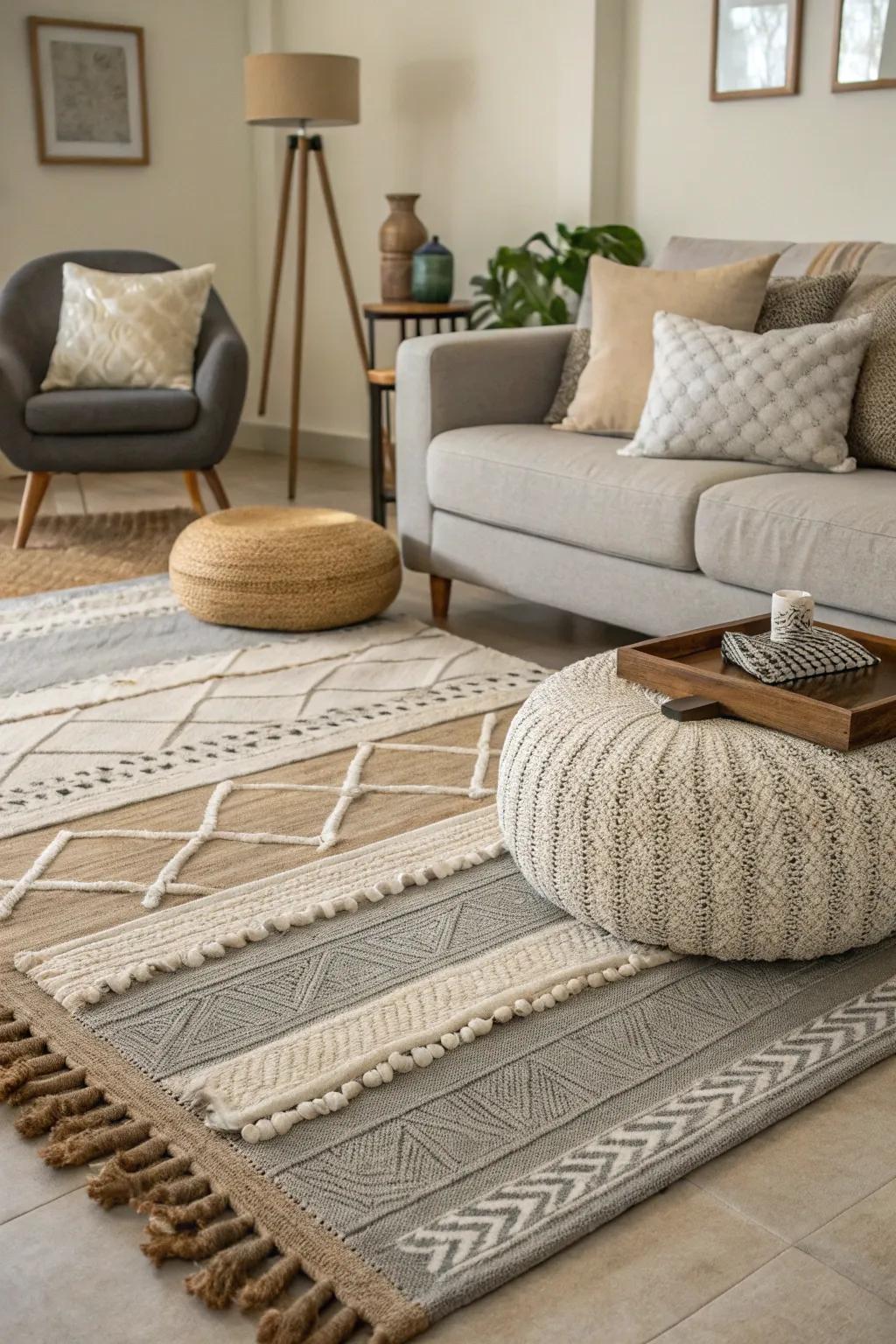 Layered floor coverings add texture and comfort to the living room.