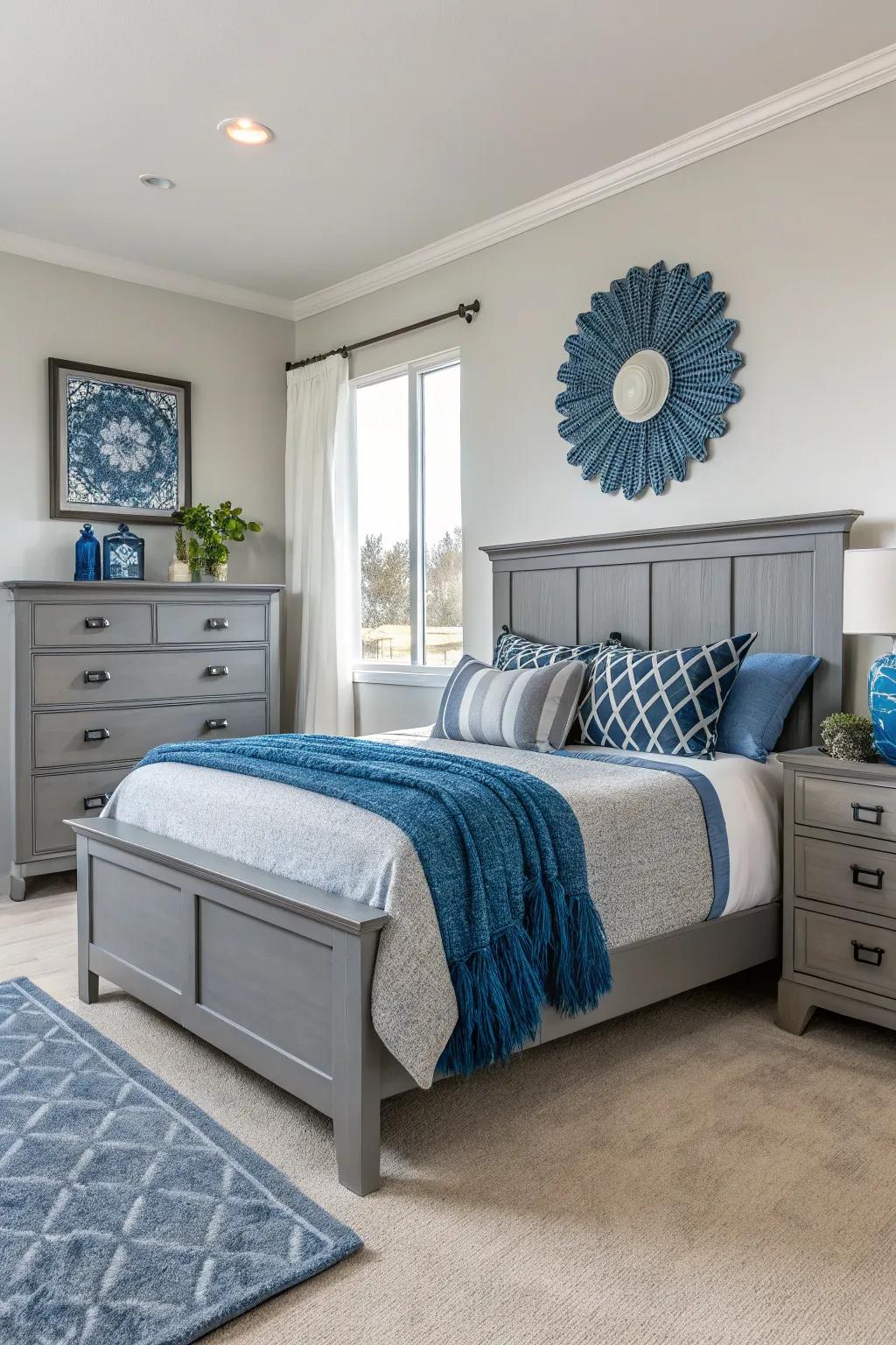 Modern grey furniture and blue features create a fresh, contemporary bedroom.