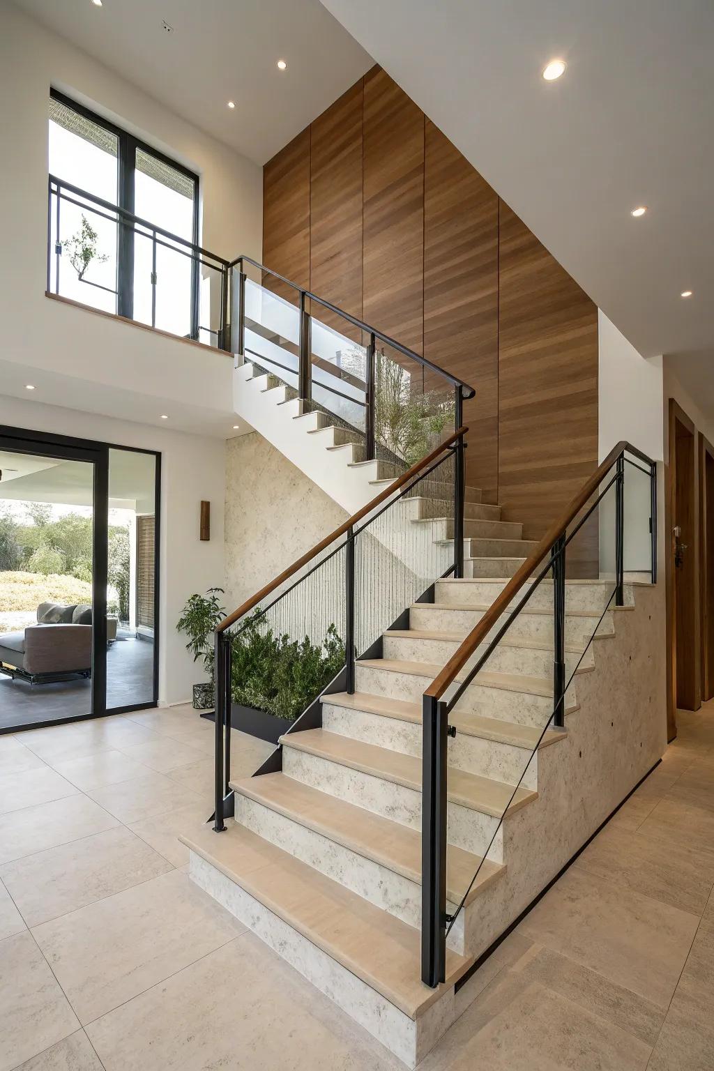 A half wall installed along a stairwell delivers both protection and a streamlined appearance.