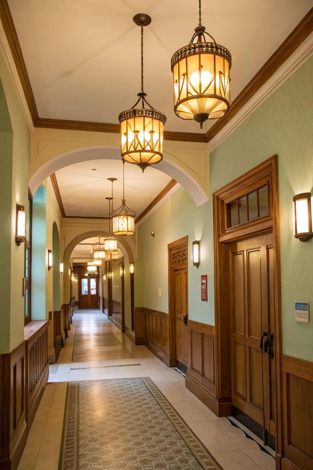 Fashionable lighting solutions enhance the hallway's color scheme.
