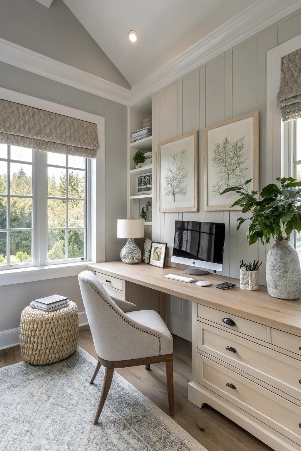 A serene neutral color design in a home office.