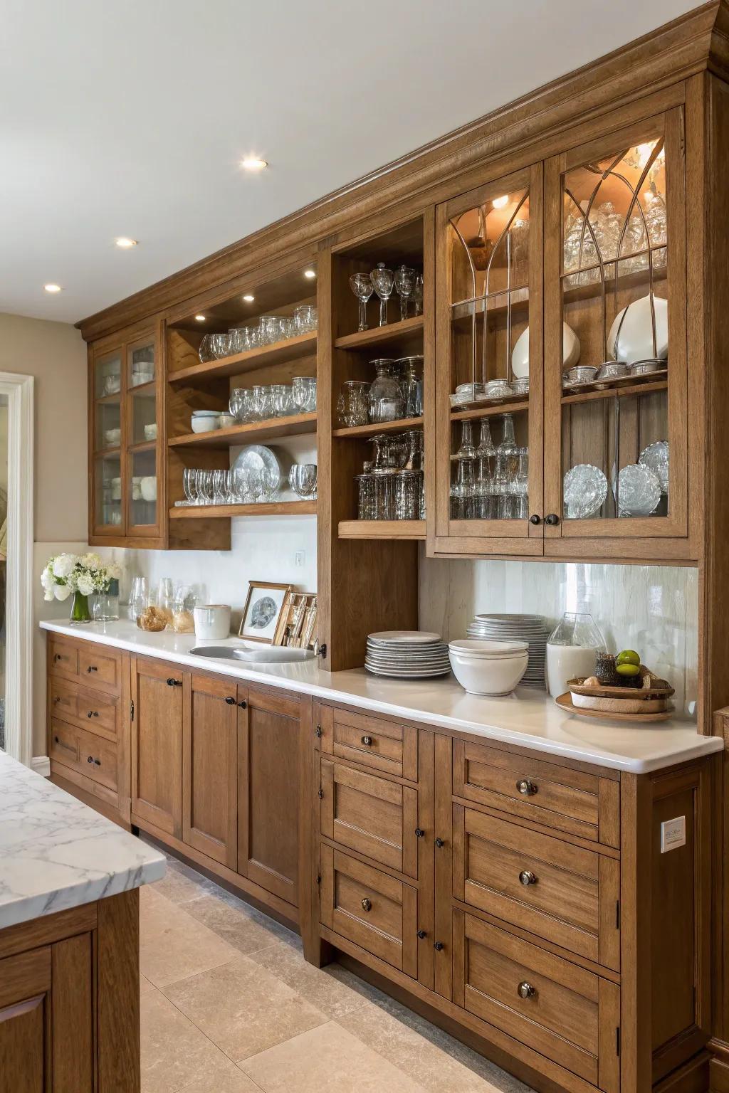 Airy shelving enhances the warm shades of oak cabinets, providing both style and functionality.