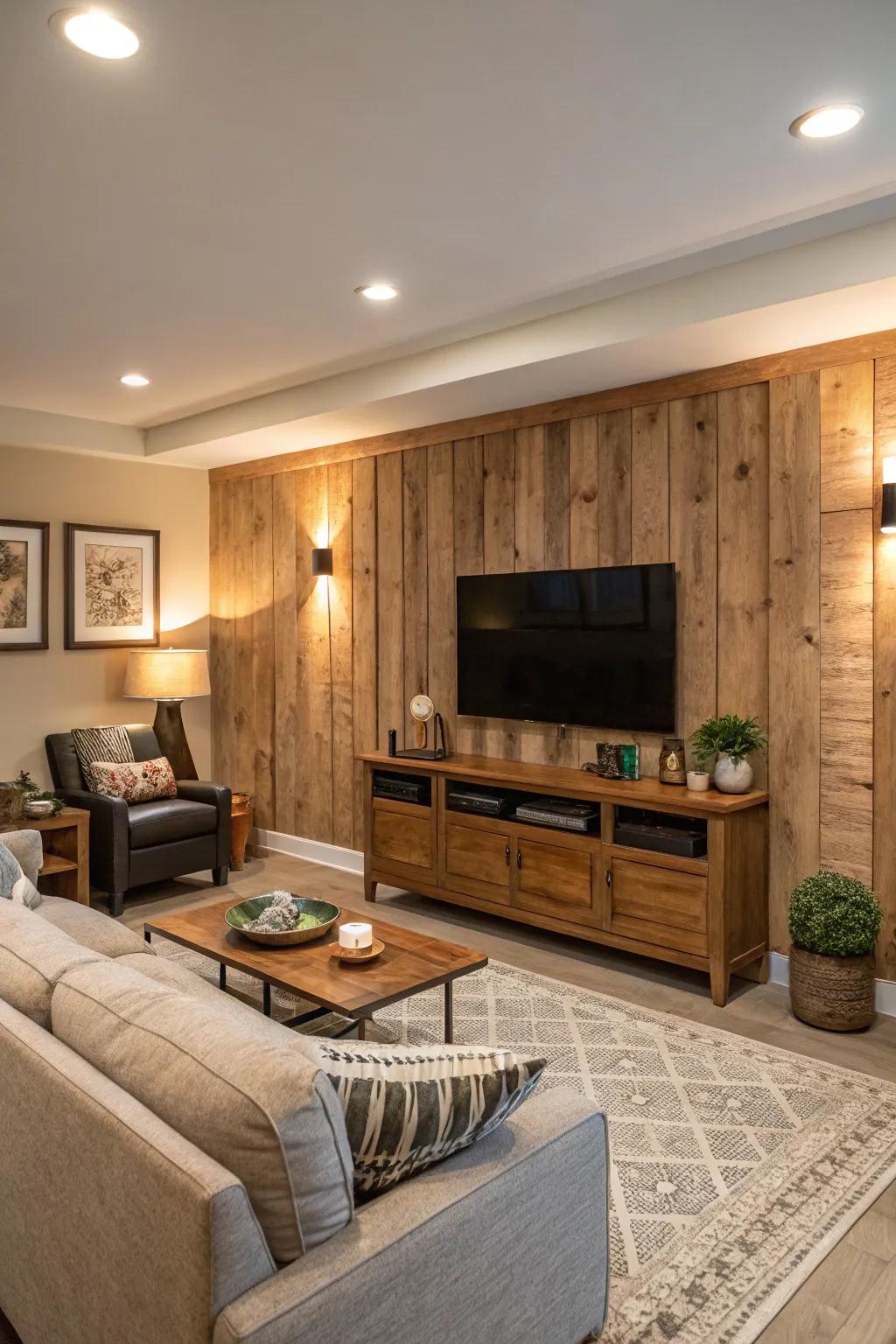 Natural wood paneling bringing warmth and rustic charm to a media wall.
