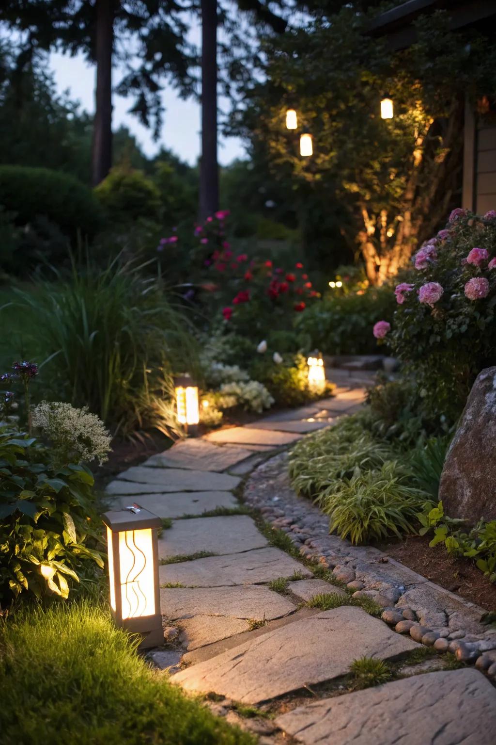An elegantly lit garden path with ambient lighting to enhance evening beauty.