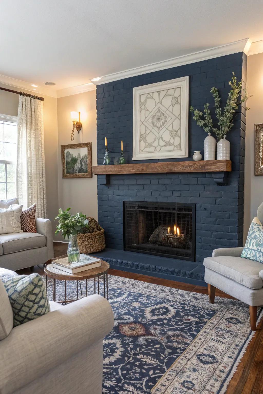 Sea blue painted brick fireplace offering refinement and serenity.