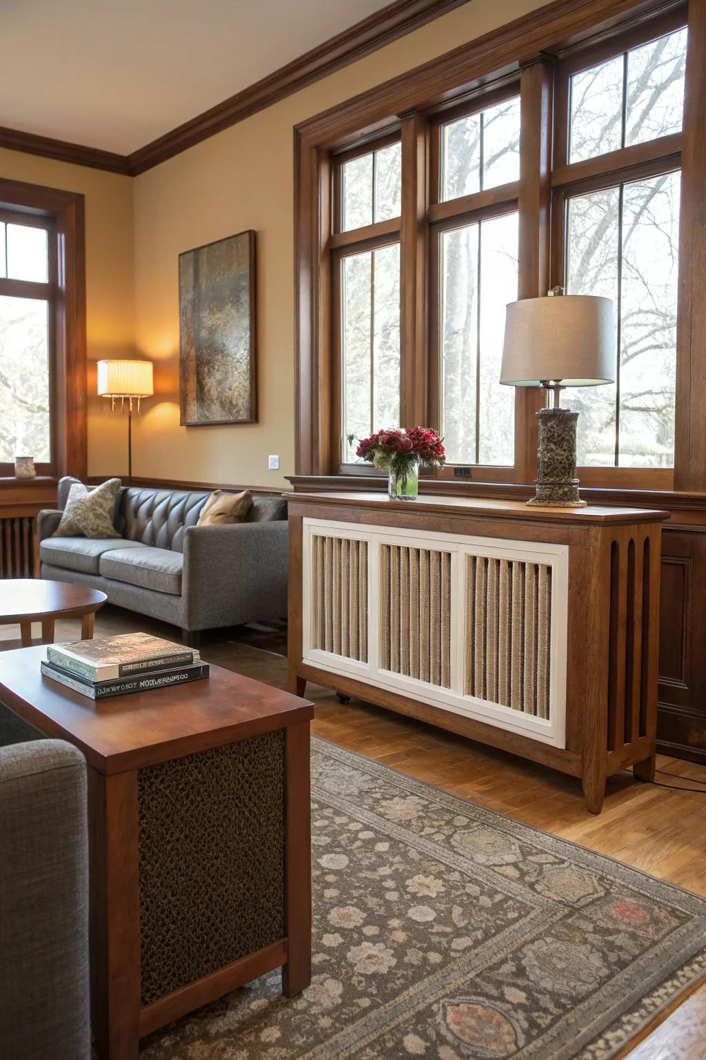 A mid-century modern living area featuring an elegant radiator shield.