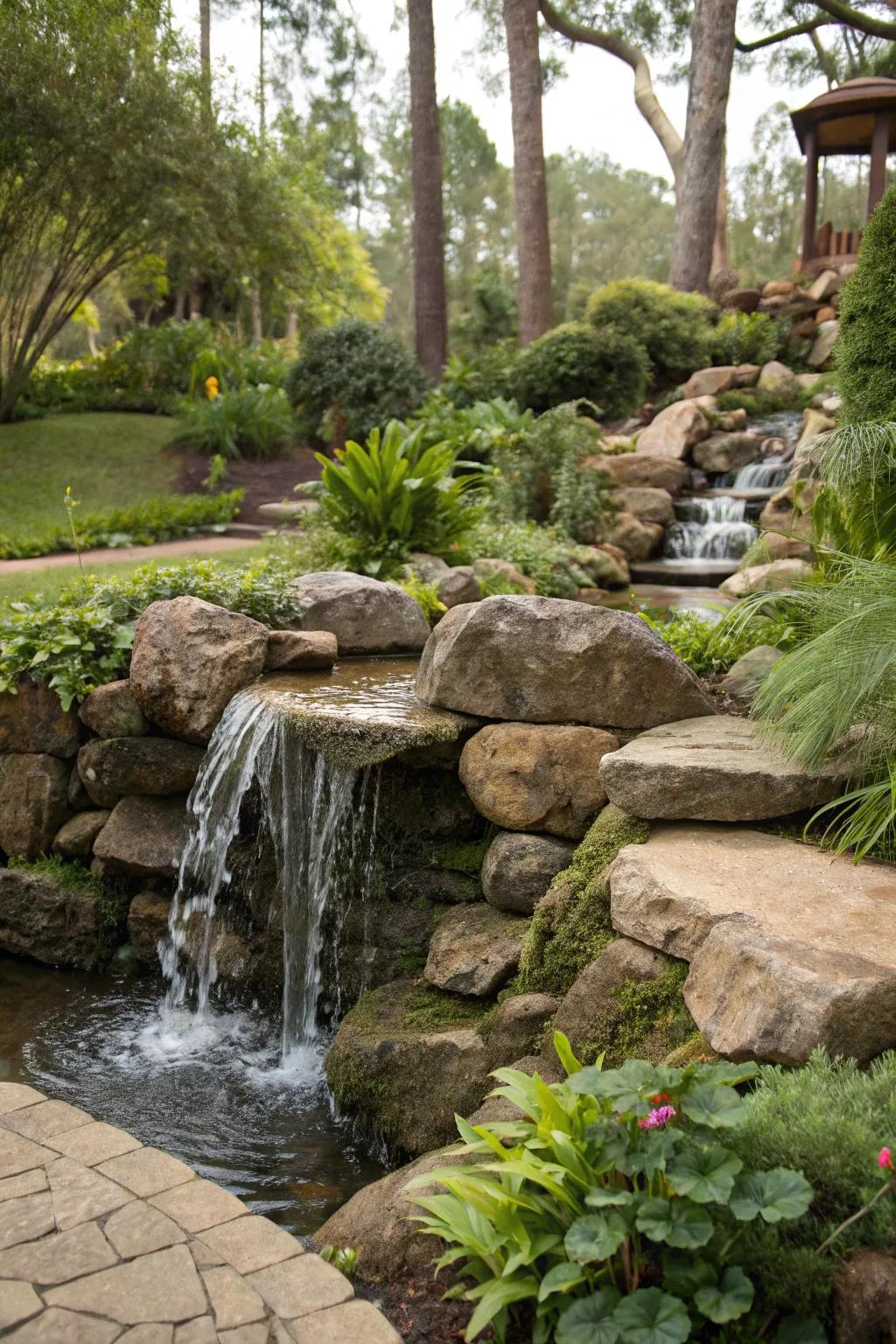 A rock waterfall feature brings tranquility and movement to your garden.
